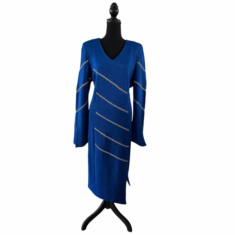 Blue V-Neck Long Sleeve Knit Dress with Metallic Stripe Detail